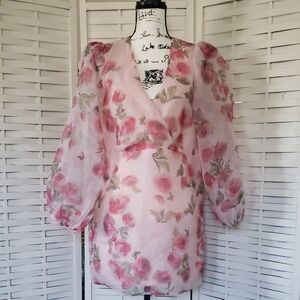 Storia Floral Pink Floral Dress with Sheer Sleeves Size M NEW